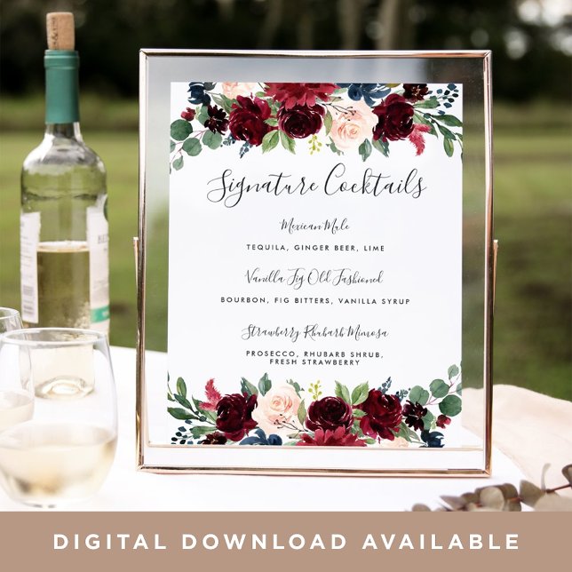 Affiches Signature en fleur radiante Cocktail Menu Signer (Créateur téléchargé)