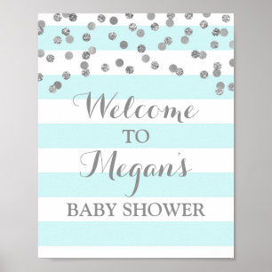 Affiches SIGNE baby shower Bleu Stripes Argent Confetti