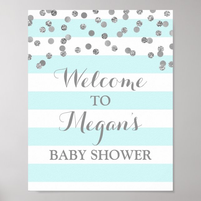 Affiches SIGNE baby shower Bleu Stripes Argent Confetti (Devant)