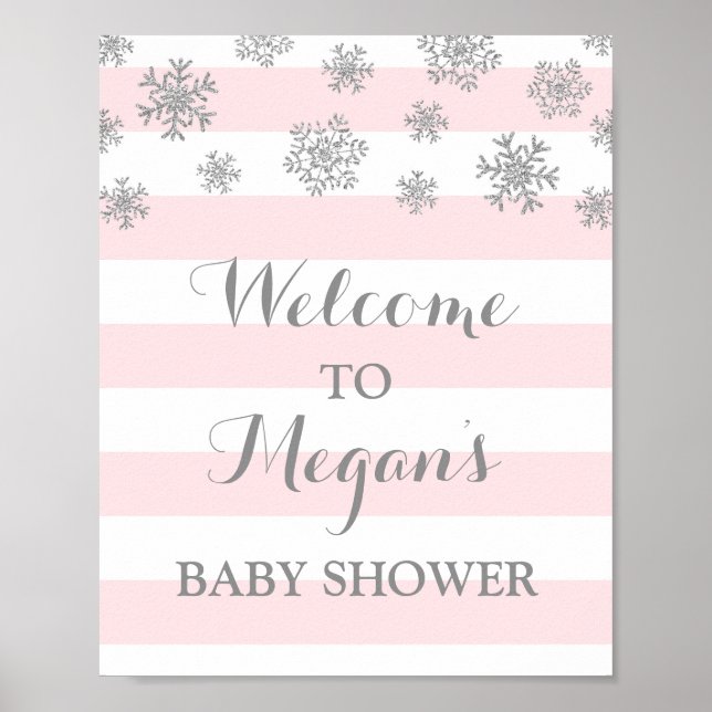 Affiches SIGNE baby shower Pink Stripes Silver Snow (Devant)