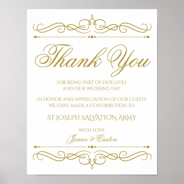 Affiches Signe de don mariage | Gold Swirl Calligraphy (Devant)