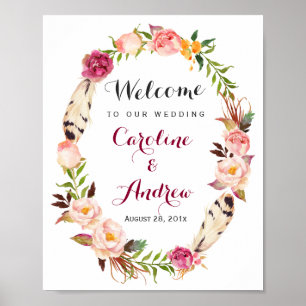 Affiches SIGNE DE Mariage DE Bienvenue Rustique Boho Floral