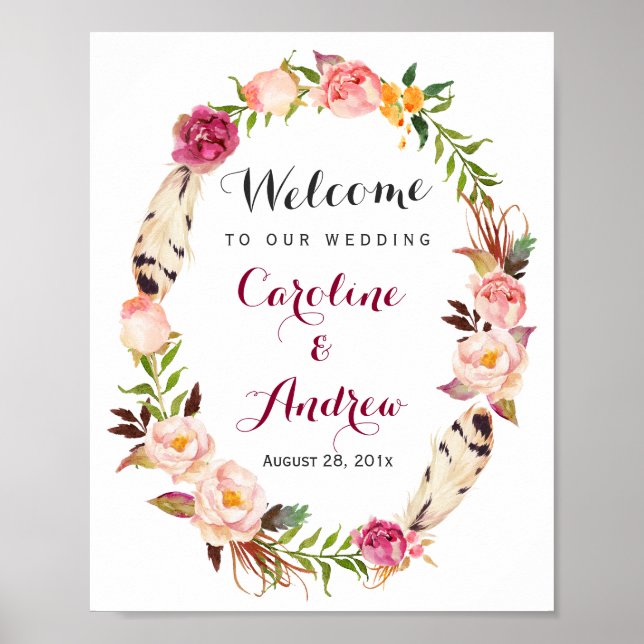 Affiches SIGNE DE Mariage DE Bienvenue Rustique Boho Floral (Devant)
