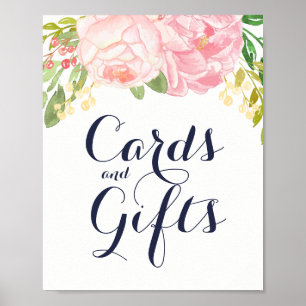 Affiches Signe de pivoines roses sur cartes bleues et cadea