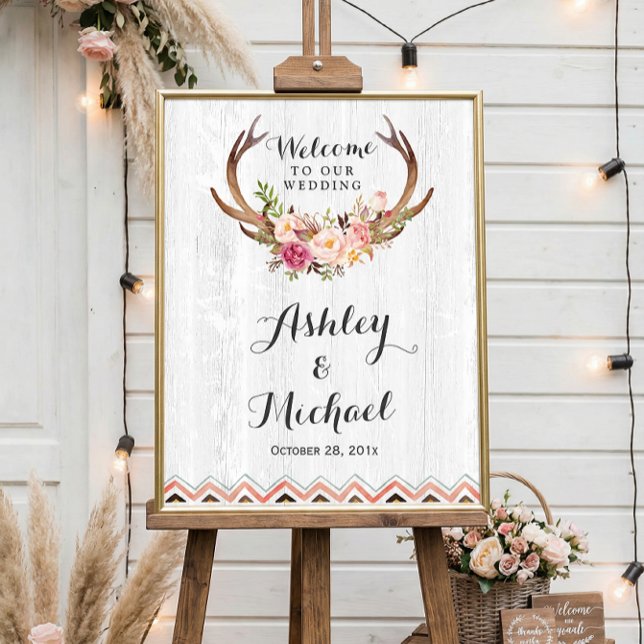 Affiches SIGNE Mariage Boho Antler Floral Russe Bois Blanc (Créateur téléchargé)
