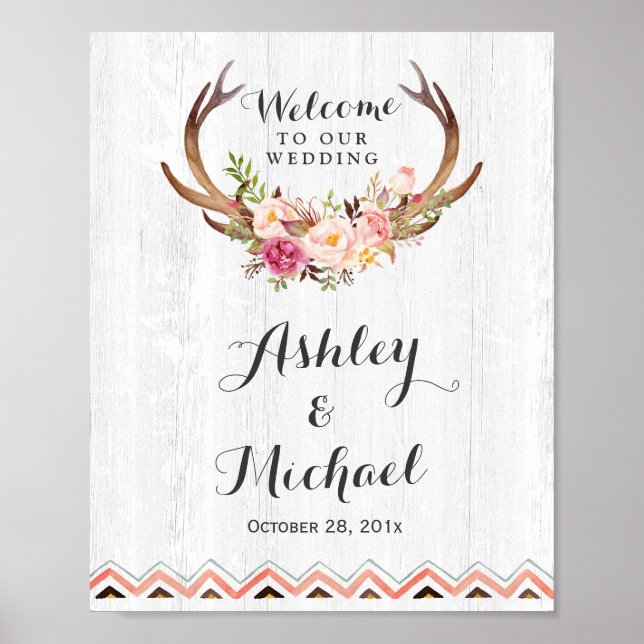 Affiches SIGNE Mariage Boho Antler Floral Russe Bois Blanc (Devant)