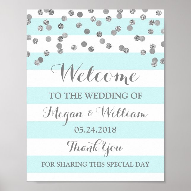 Affiches SIGNE Mariage DE Bienvenue Bleu Stripes Argent Con (Devant)