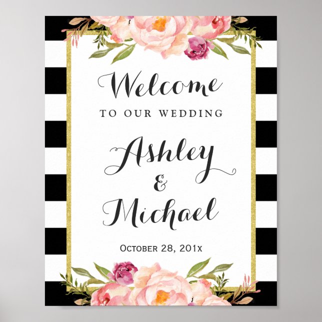 Affiches SIGNE MARIAGE | Moderne Floral noir blanc rayures (Devant)