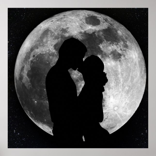 Affiches Silhouette des amoureux en pleine lune la nuit (Devant)