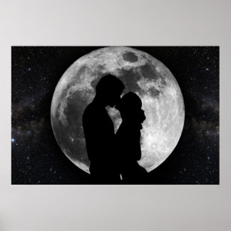 Affiches Silhouette des amoureux en pleine lune la nuit