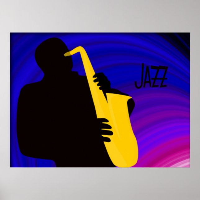 Affiches Silhouette d'un joueur de jazz, bleu & violet (Devant)