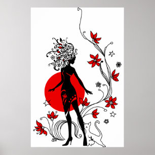Affiches Silhouette élégante femme élégante avec chat doux