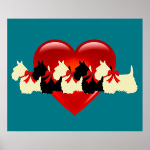 Affiches Silhouette noir et blanc de Terrier écossais cœur/
