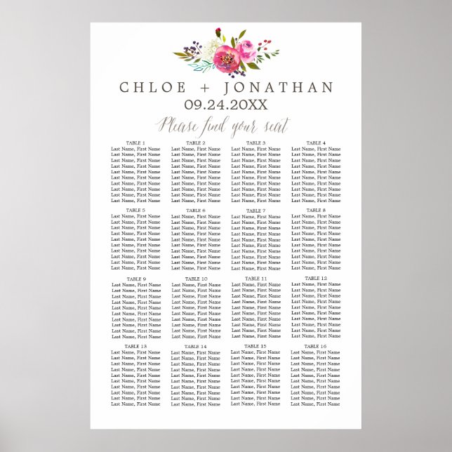 Affiches Simple Watercolor Bouquet Wedding Seating Chart (Devant)