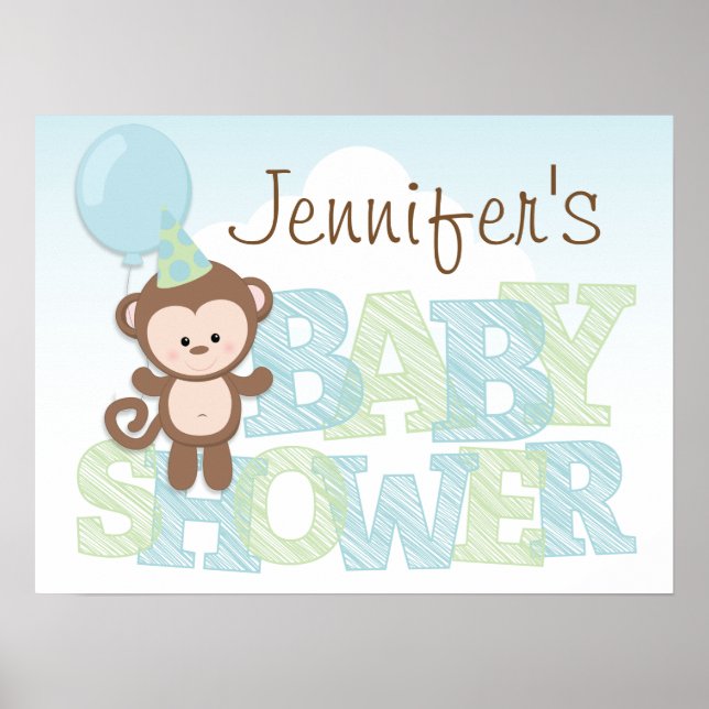 Affiches Singe mignon ; Baby shower bleu et vert (Devant)