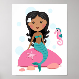 Affiches sirène afro-américaine fille étoile de mer hippoca