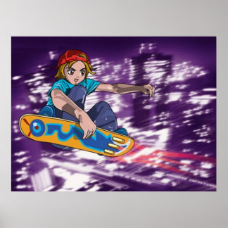 Affiches Skateboard de garçon au-dessus d'une ville futuris