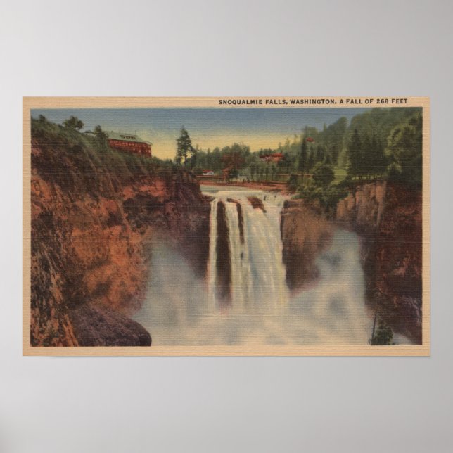 Affiches Snoqualmie Falls, WA - Vue des chutes et du lodge (Devant)