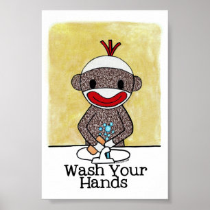 Affiches Sock Monkey Salle de bain Rappel Lavez vos mains 4