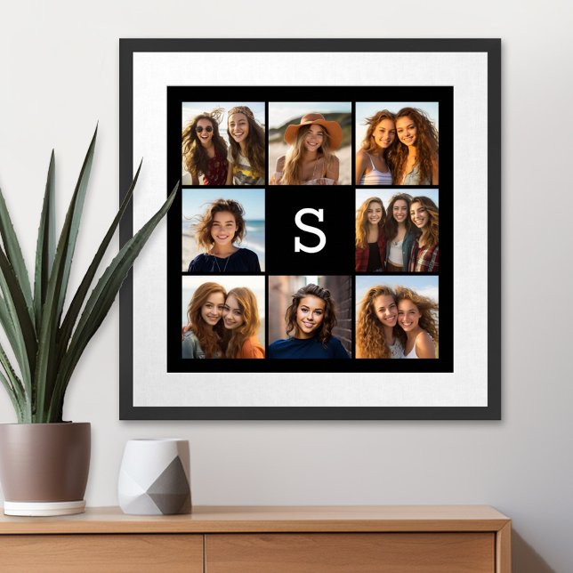 Affiches Solid Black Photo Collage Custom Monogram (Personalized Wall Art with a Photo Collage)