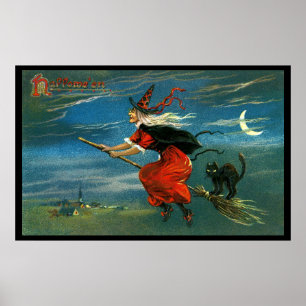 Affiches Sorcière de Halloween de vol avec le chat