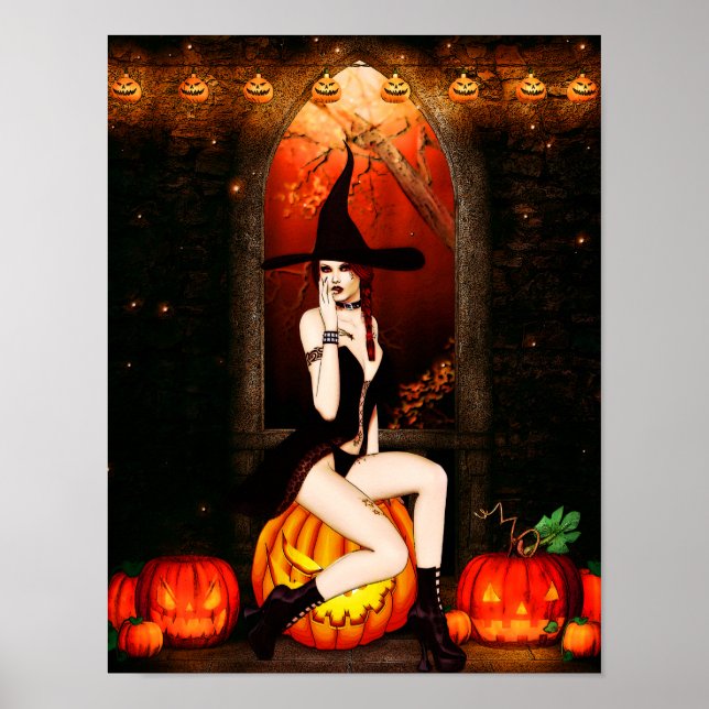 Affiches Sorcière d'Halloween et citrouille (Devant)