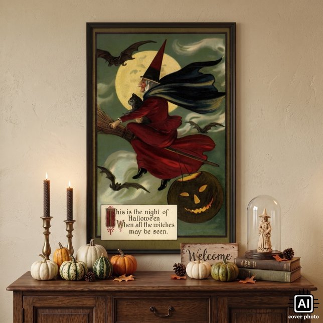 Affiches Sorcière vintage Halloween chevauchant un balai av (Vintage illustration Halloween design featuring a witch flying on her broomstick with her black cat.)