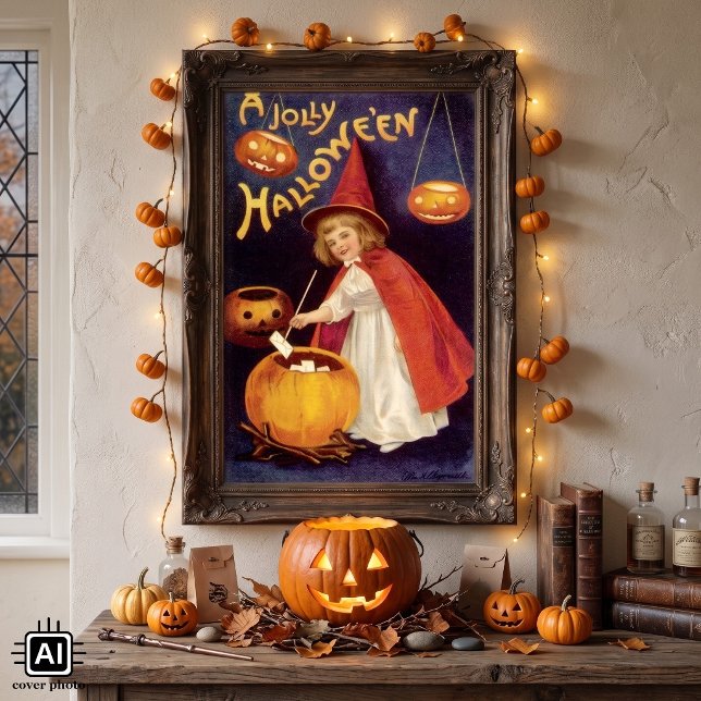 Affiches Sorcière vintage joyeuse d'Halloween par Ellen Cla (Vintage illustration Halloween  design featuring a young witch with letters in a pumpkin cauldron.)