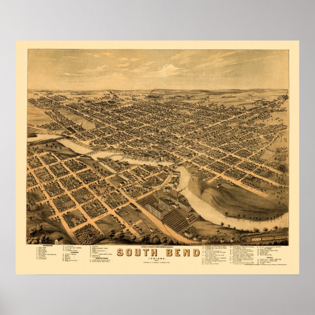 Affiches South Bend, IN Panoramic Map - 1874 (Devant)