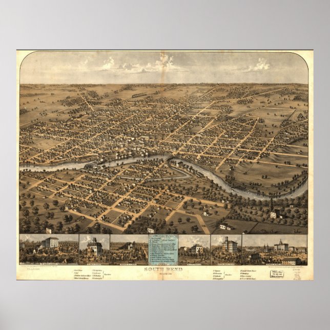 Affiches South Bend Indiana 1866 Antique Panoramic Map (Devant)