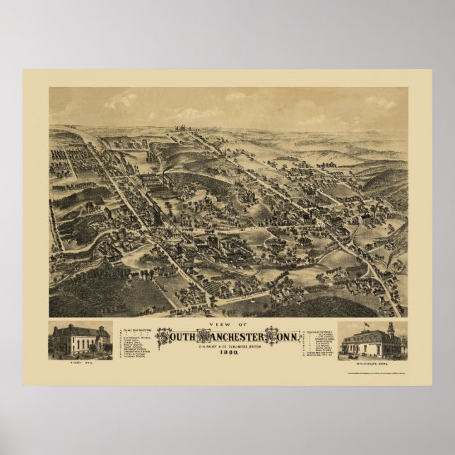 Affiches South Manchester, CT Carte panoramique - 1880 (Devant)