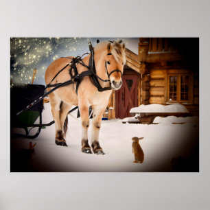 Affiches Starry Noël nuit à la ferme avec cheval