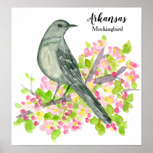 Affiches State Bird of Arkansas Mockingbird Flowers