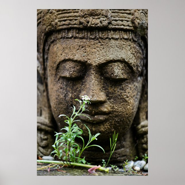 Affiches Statue de jardin en pierre avec fleur (Devant)