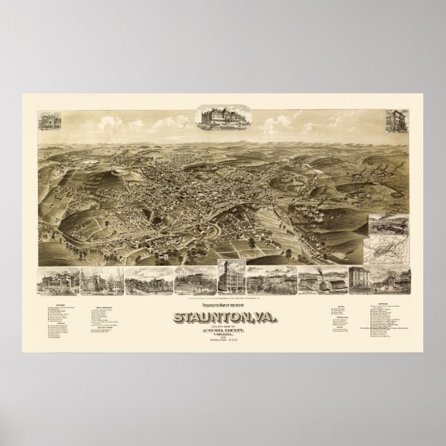 Affiches Staunton, VA Panoramic Map - 1891 (Devant)