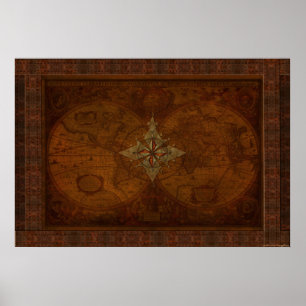 Affiches Steampunk Vieux Monde Carte & Compass Rose Design