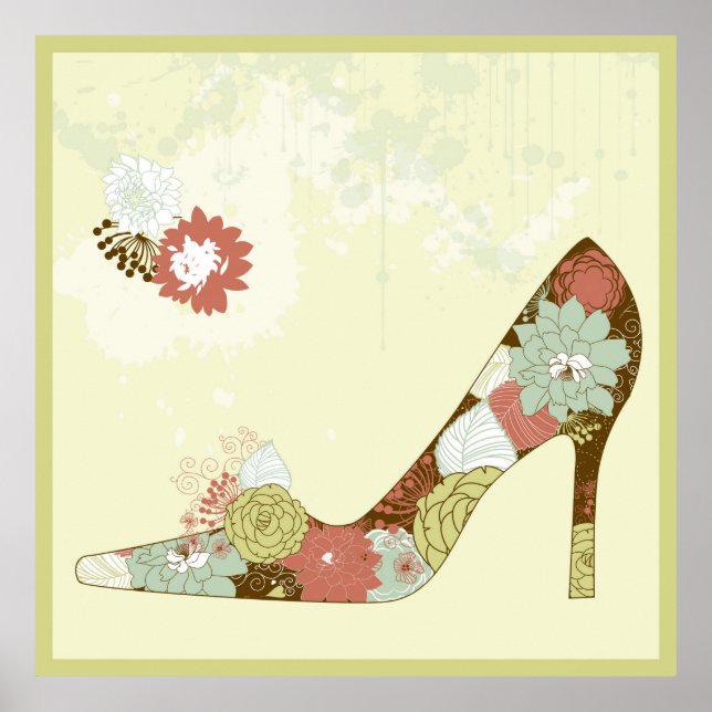 Affiches Stiletto Floral Chaussures Beige Brown & Vert Acce (Devant)