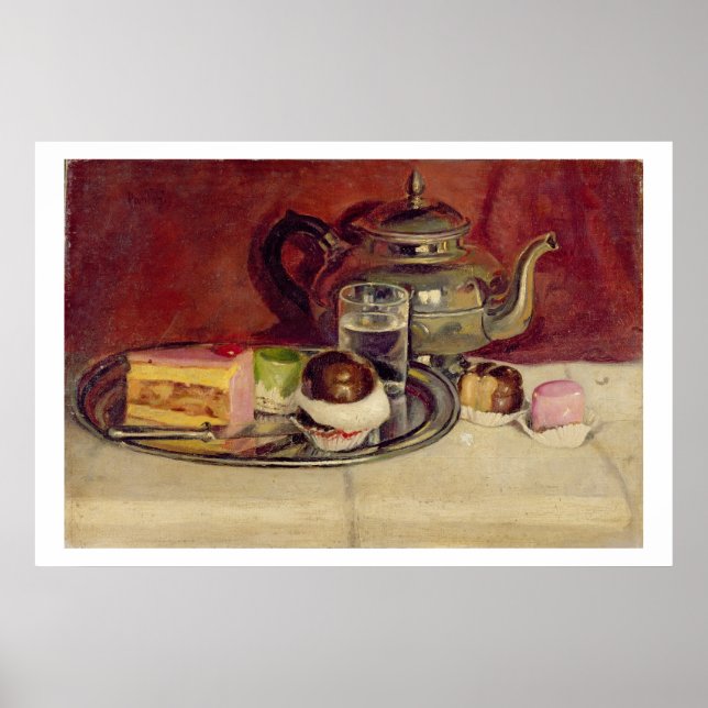 Affiches Still Life with Cakes and a Silver Teapot (oil on (Devant)