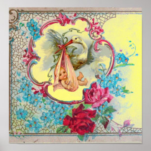 Affiches STORK BABY GIRL SHOWER Yellow