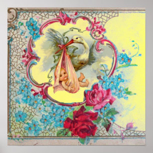 Affiches STORK BABY GIRL SHOWER Yellow