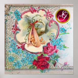 Affiches STORK BÉBÉ FILLE DOUCHE Ruby Gem Pierre Monogramme