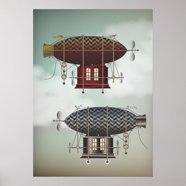 Affiches Stormy Skies Airship Noir & Rouge Steampunk Travel (Devant)