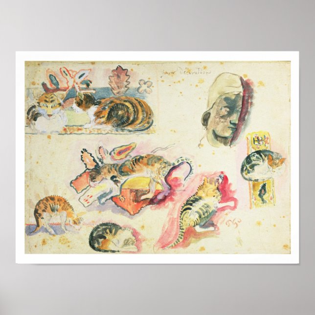 Affiches Study of Cats and a Head (w/c on paper) (Devant)