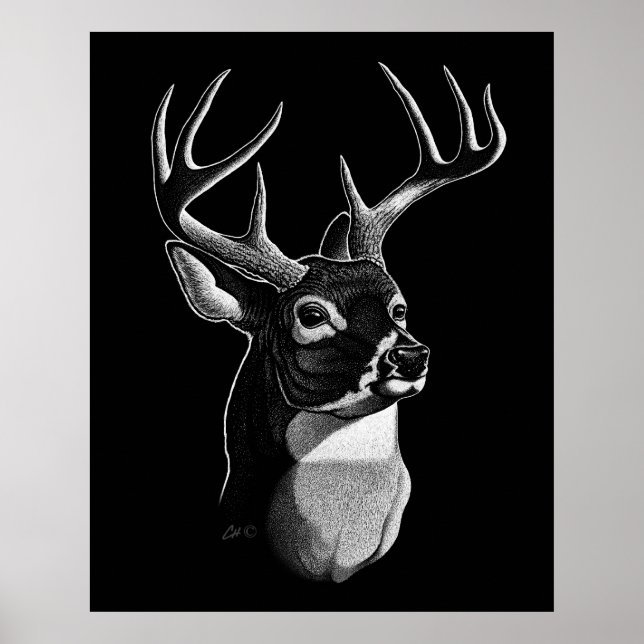 Affiches Style Scratchboard de tête de cerf (Devant)