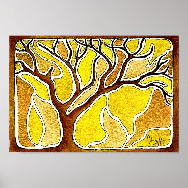Affiches Stylet aquarelle et arbre d'encre - Or jaune (Devant)