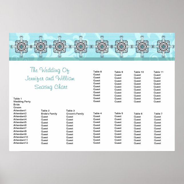 Affiches Stylish Southwest Turquoise Wedding Seating Chart (Devant)