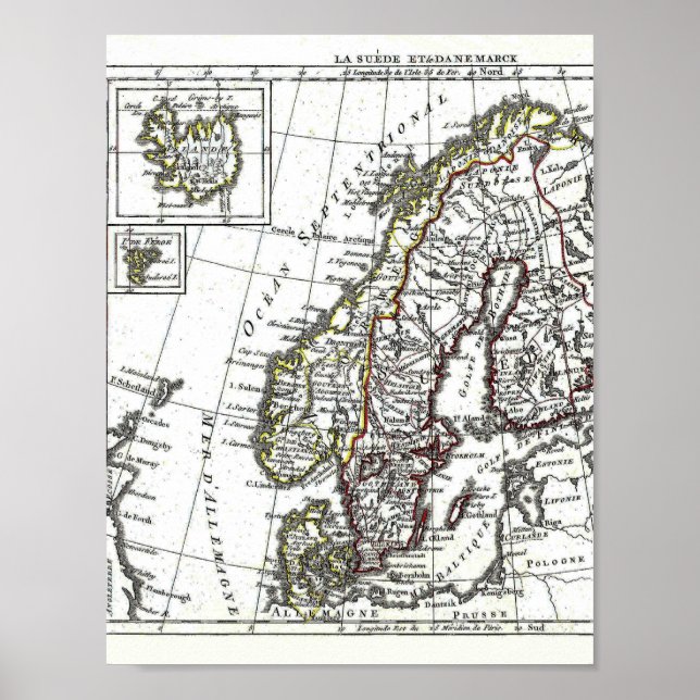 Affiches Suède Islande Norvège Danemark Carte (Devant)