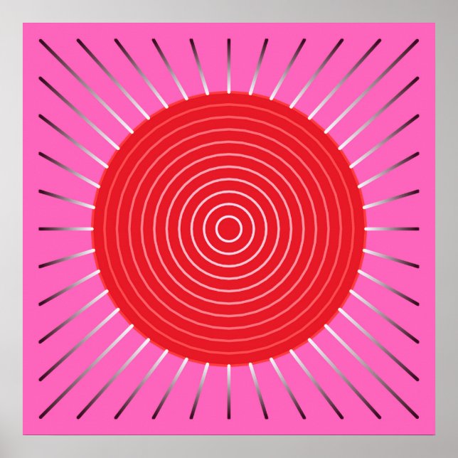 Affiches Sunburst géométrique moderne - Fuchsia et rouge (Devant)
