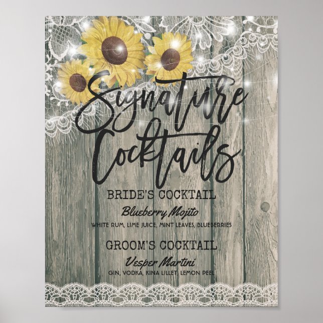 Affiches Sunflowers Mariage Signature Cocktail Menu Boisson (Devant)