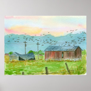 Affiches Sunrise Birds Red Barn Aquarelle Paysage Art